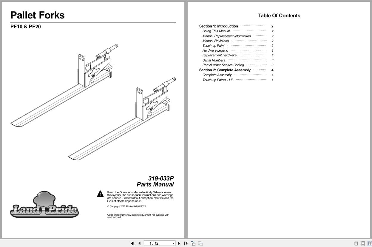 Land Pride Pallet Forks PF10 PF20 Parts Manual 319 033P (1)