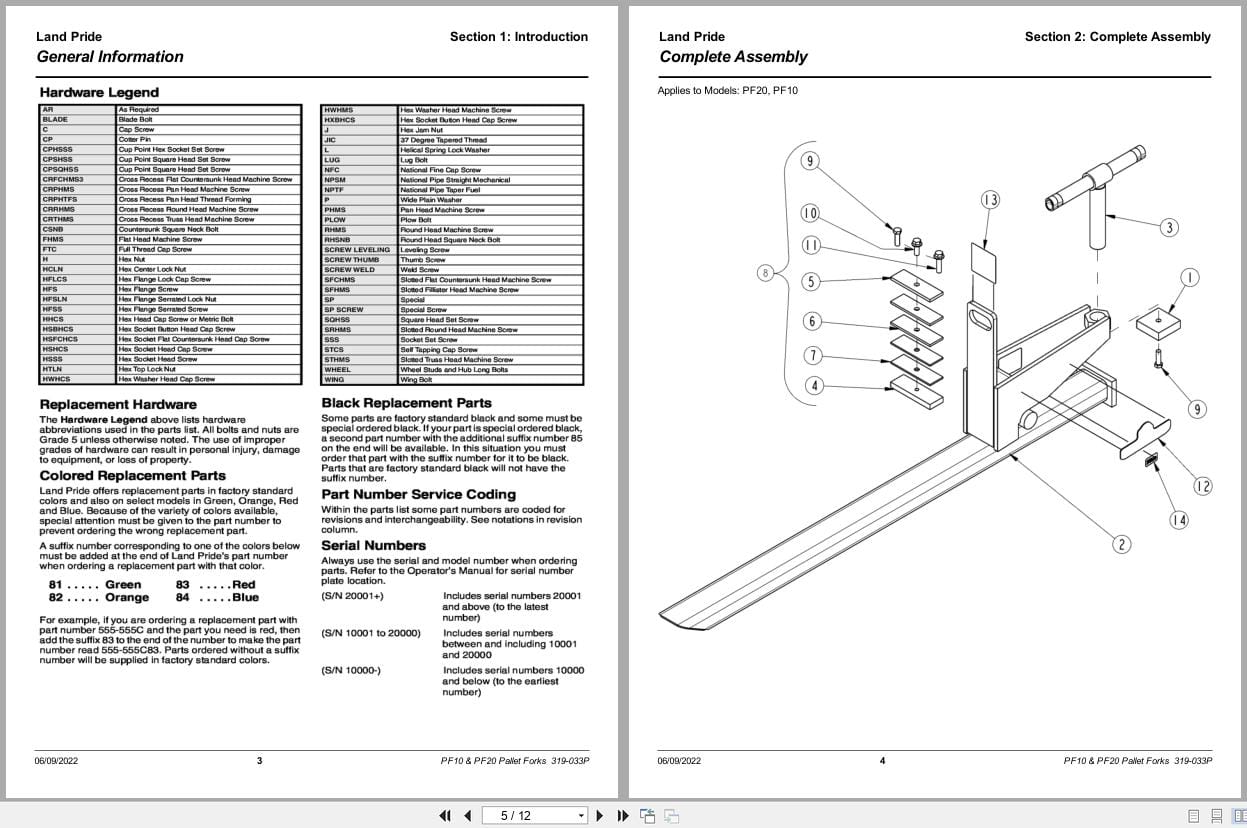 Land Pride Pallet Forks PF10 PF20 Parts Manual 319 033P (2)