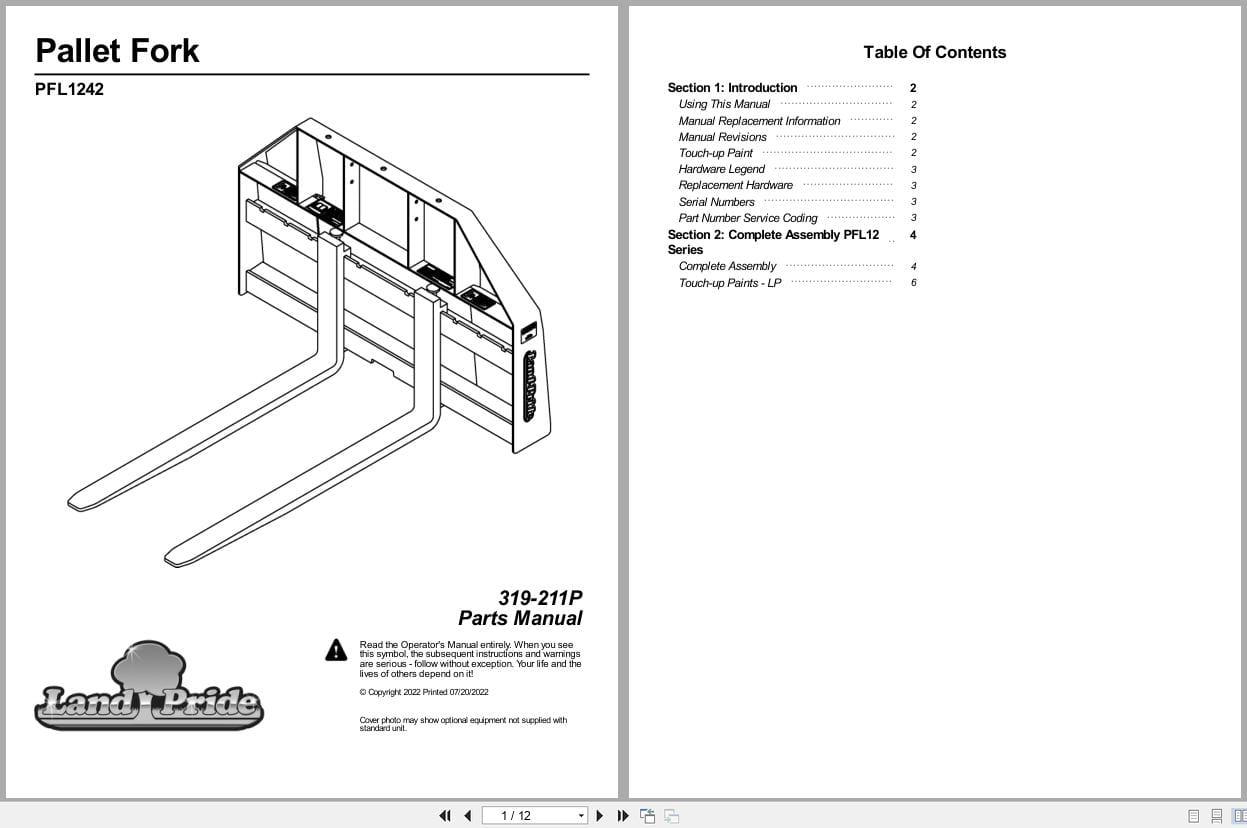 Land Pride Pallet Forks PFL1242 Parts Manual 319 211P (1)