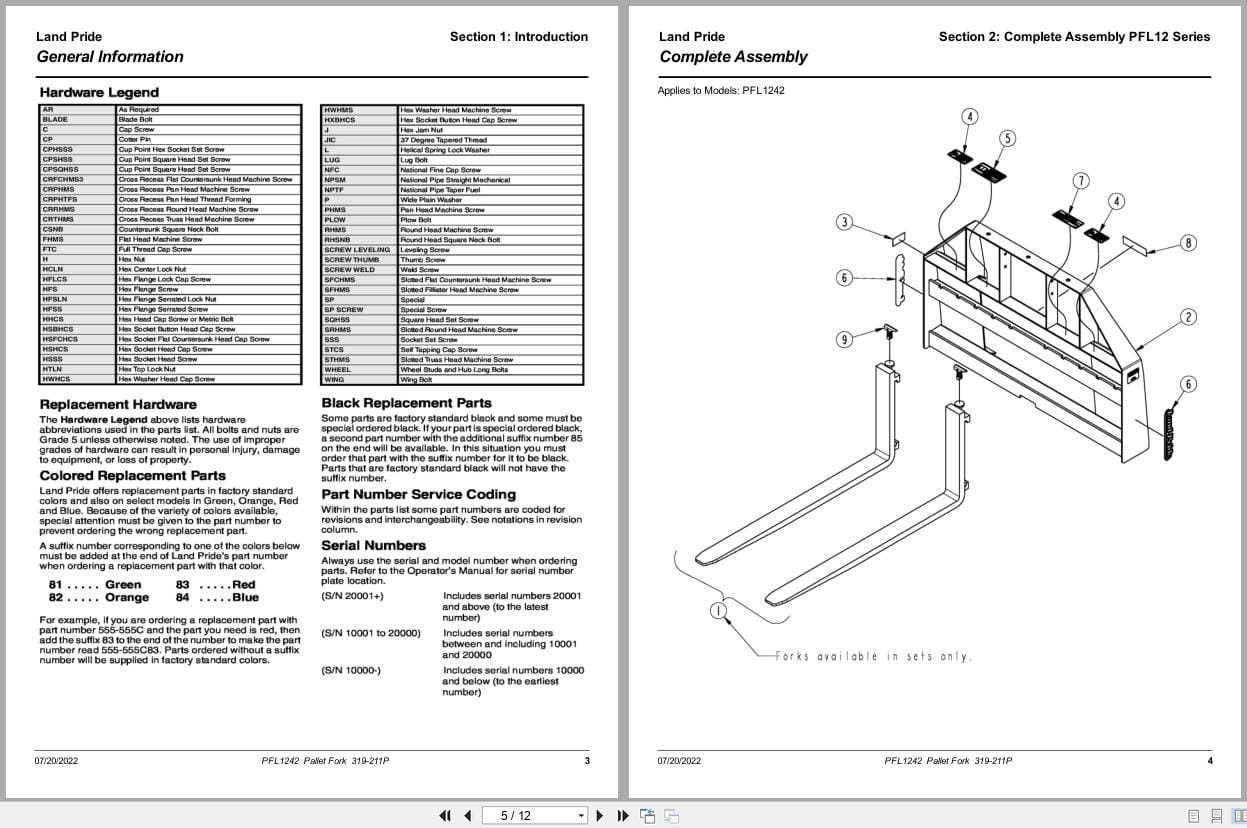 Land Pride Pallet Forks PFL1242 Parts Manual 319 211P (2)