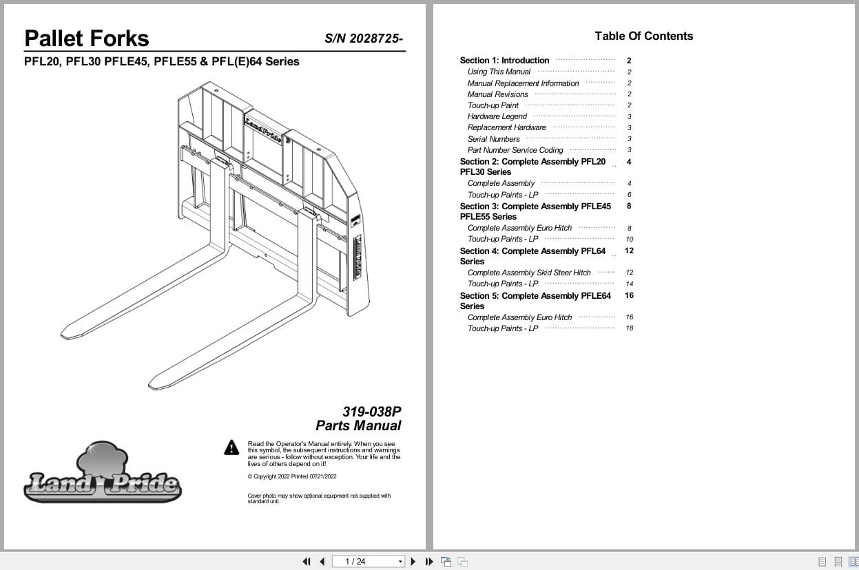Land Pride Pallet Forks PFL20 to PFLE64 Series Parts Manual 319 038P (1)