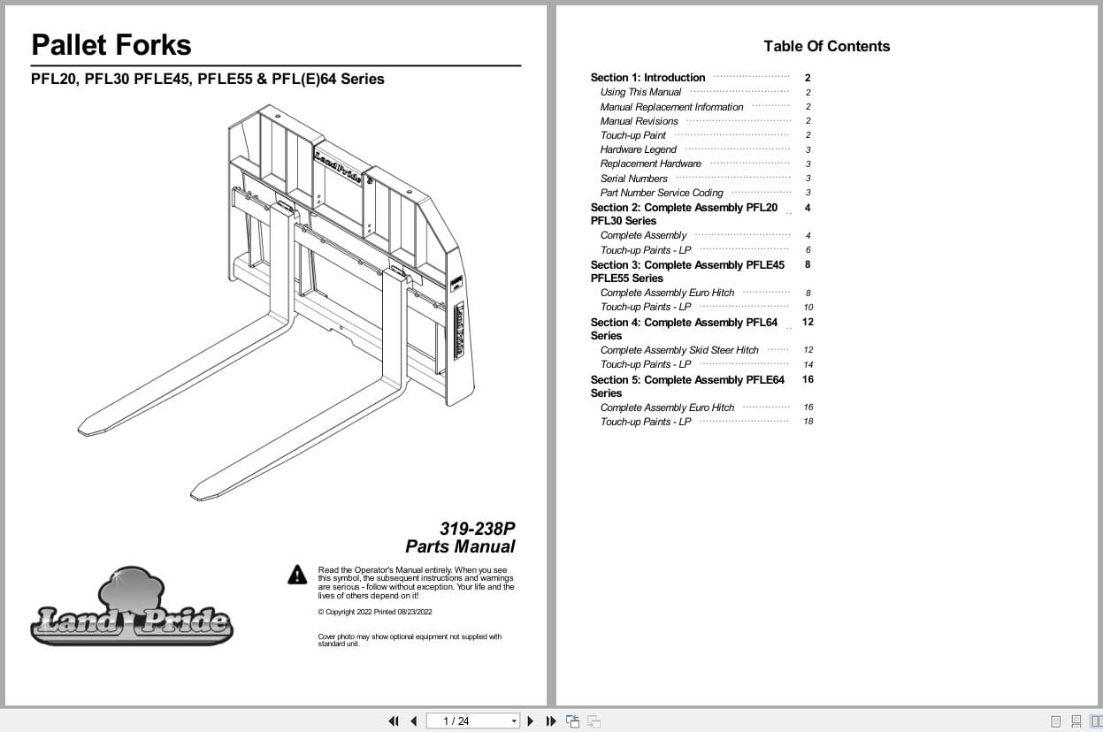 Land Pride Pallet Forks PFL20 to PFLE64 Series Parts Manual 319 238P (1)