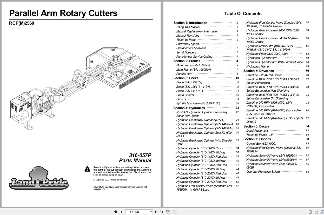 Land Pride Parallel Arm Rotary Cutters RCP2560 RCPM2560 Parts Manual 316 057P (1)