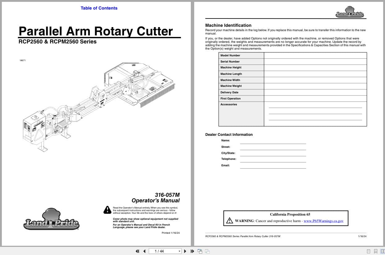 Land Pride Parallel Arm Rotary Cutters RCP2560 RCPM2560 Series Operation Manual 316 057M (1)