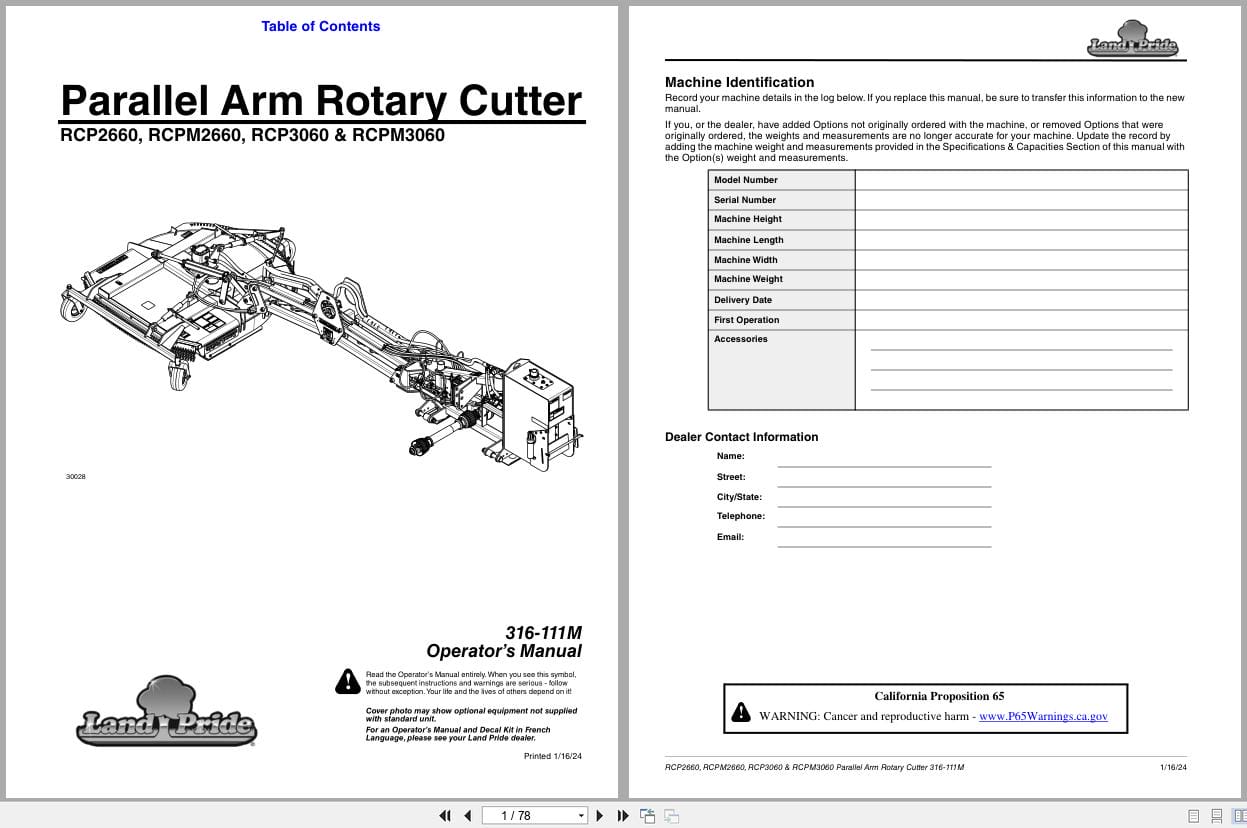Land Pride Parallel Arm Rotary Cutters RCP2660 to RCPM3060 Operation Manual 316 111M (1)