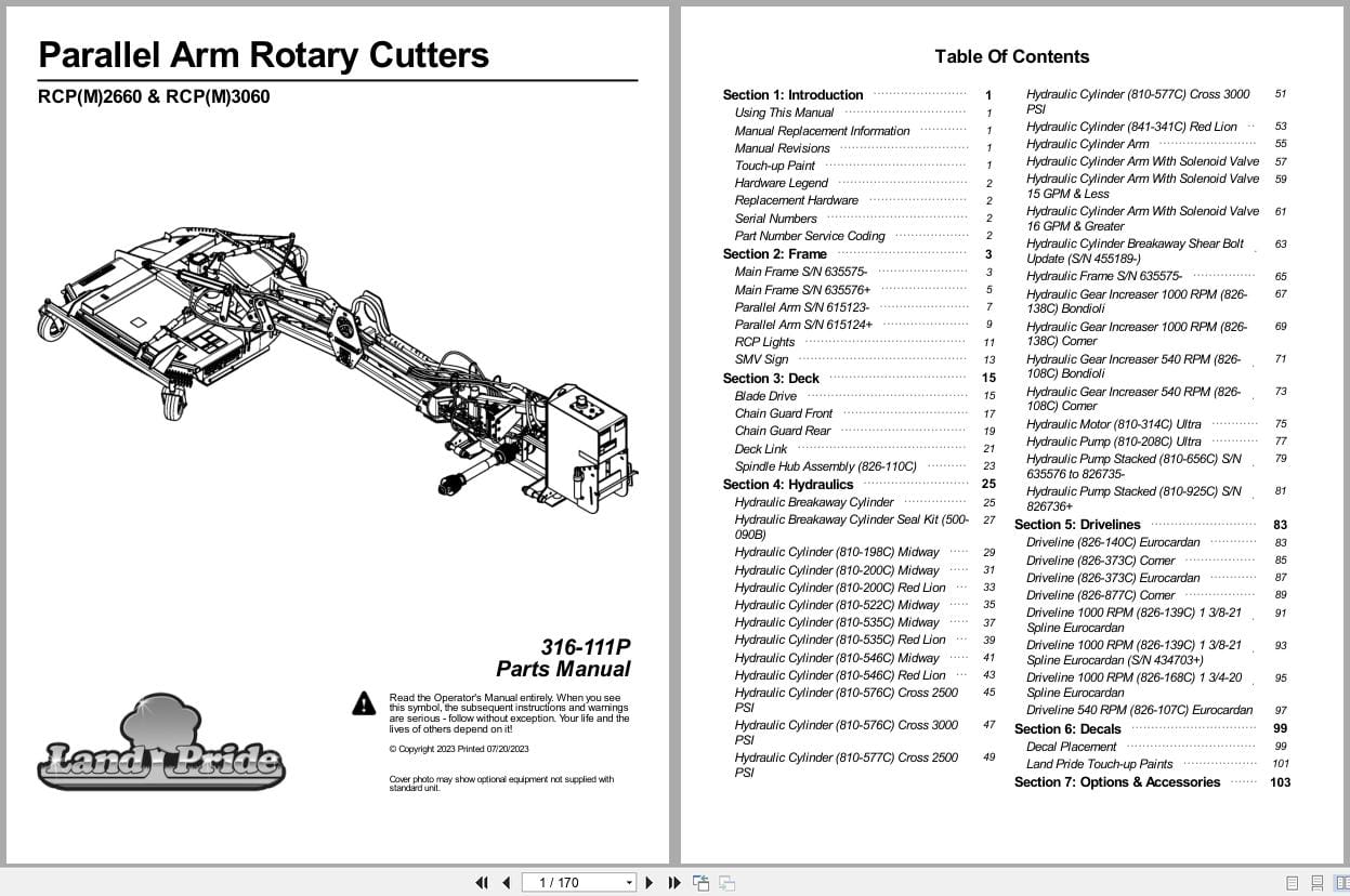 Land Pride Parallel Arm Rotary Cutters RCPM2660 RCP2660 RCPM3060 RCP3060 Parts Manual 316 111P (1)