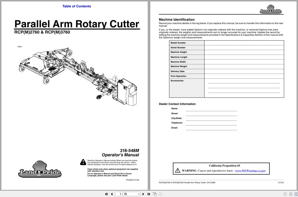 Land Pride Parallel Arm Rotary Cutters RCPM2760 RCP2760 RCPM3760 RCP3760 Operation Manual 316 548M (1)