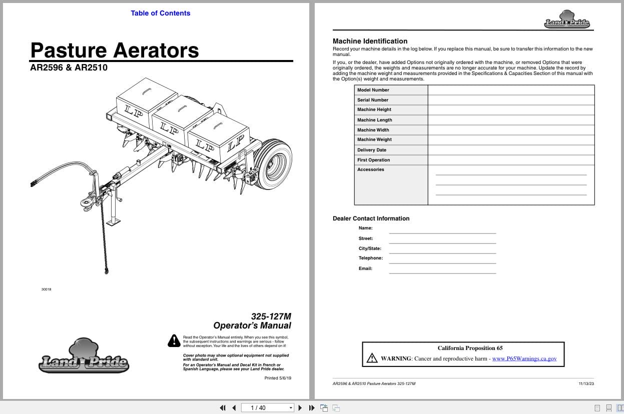 Land Pride Pasture Aerators AR2596 AR2510 Operation Manual 325 127M (1)