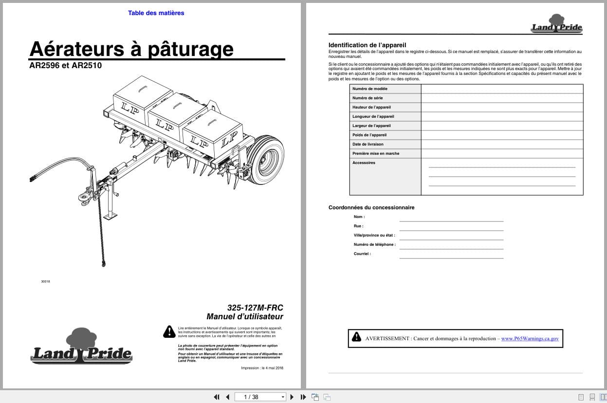 Land Pride Pasture Aerators AR2596 AR2510 Operator Manual 325 127M FRC FR (1)