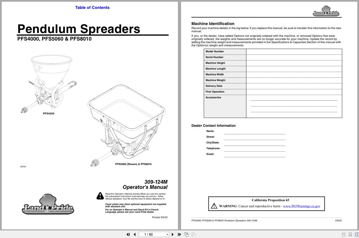 Land Pride Pendulum Spreader PFS4000 PFS5060 PFS8010 Operation Manual 309 124M (1)