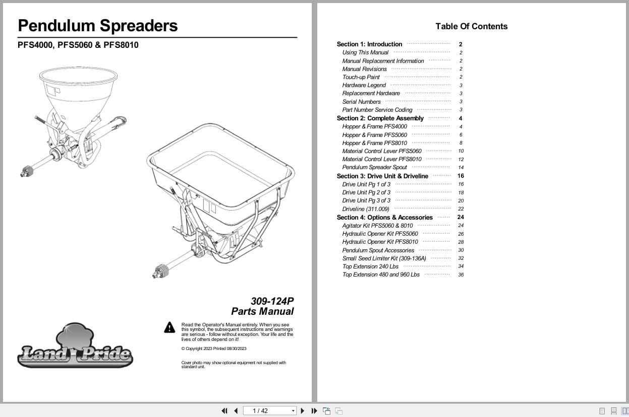Land Pride Pendulum Spreader PFS4000 PFS5060 PFS8010 Parts Manual 309 124P (1)