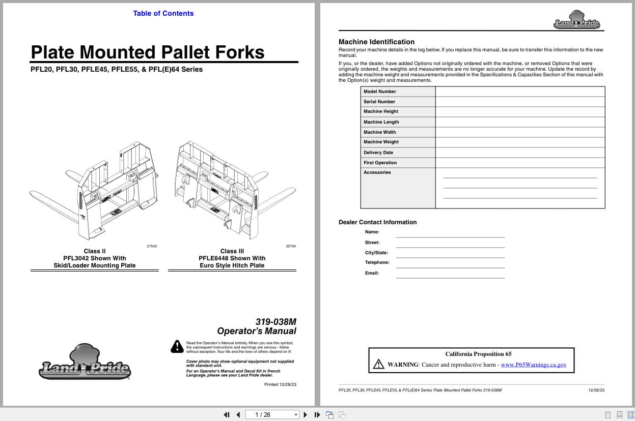 Land Pride Plate Mounted Pallet Forks PFL20 to PFLE64 Series Operation Manual 319 038M (1)