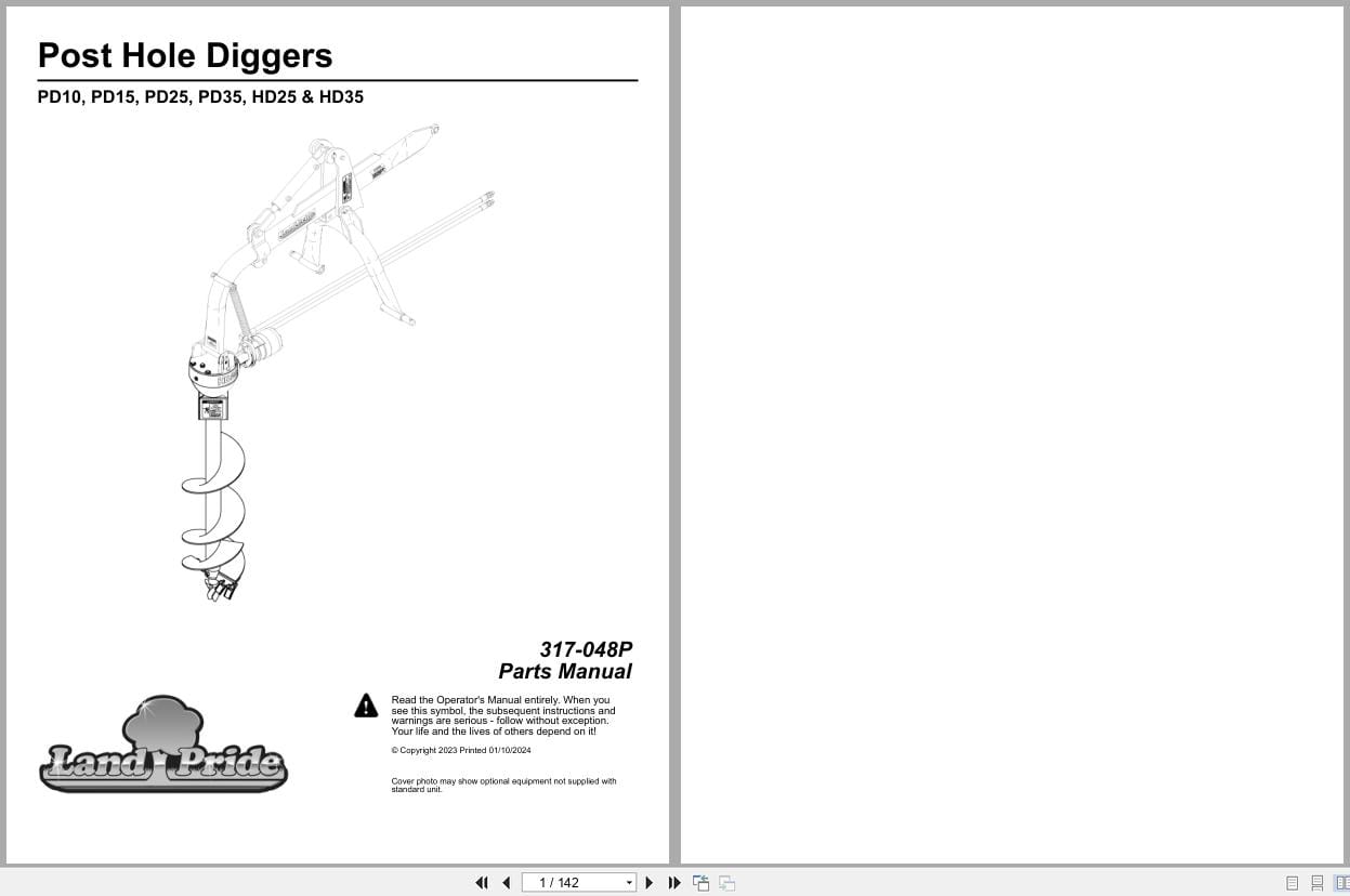 Land Pride Post Hole Digger PD10 PD15 PD25 PD35 HD25 HD35 Parts Manual 317 048P (1)