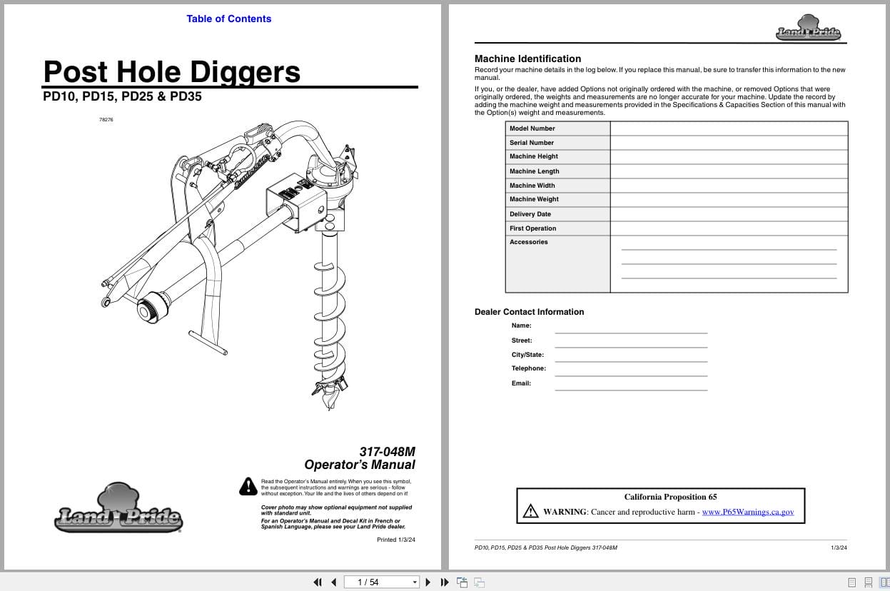Land Pride Post Hole Digger PD10 PD15 PD25 PD35 Operation Manual 317 048M (1)