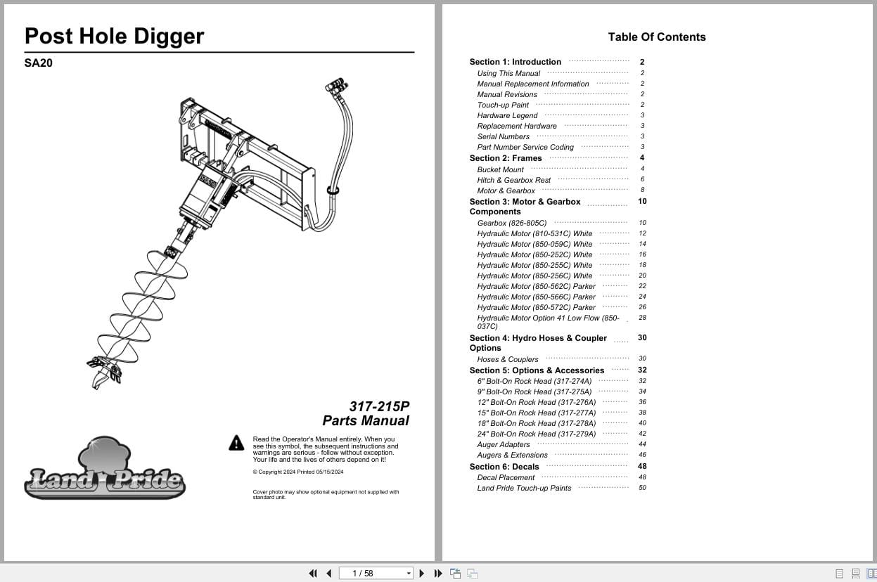Land Pride Post Hole Digger SA20 Parts Manual 317 215P (1)