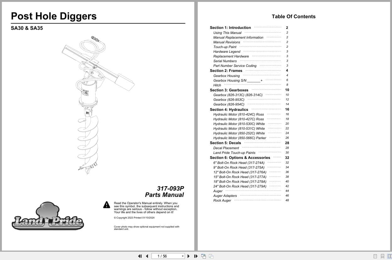 Land Pride Post Hole Digger SA30 SA35 Parts Manual 317 093P (1)