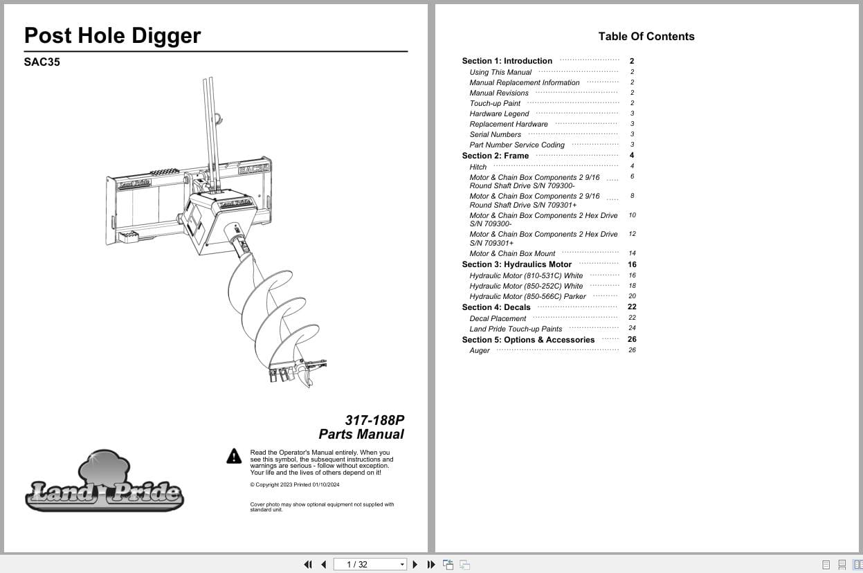 Land Pride Post Hole Digger SAC35 Parts Manual 317 188P (1)