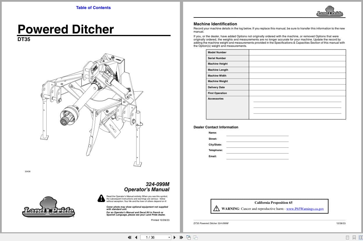 Land Pride Powered Ditcher DT35 Operation Manual 324 099M (1)