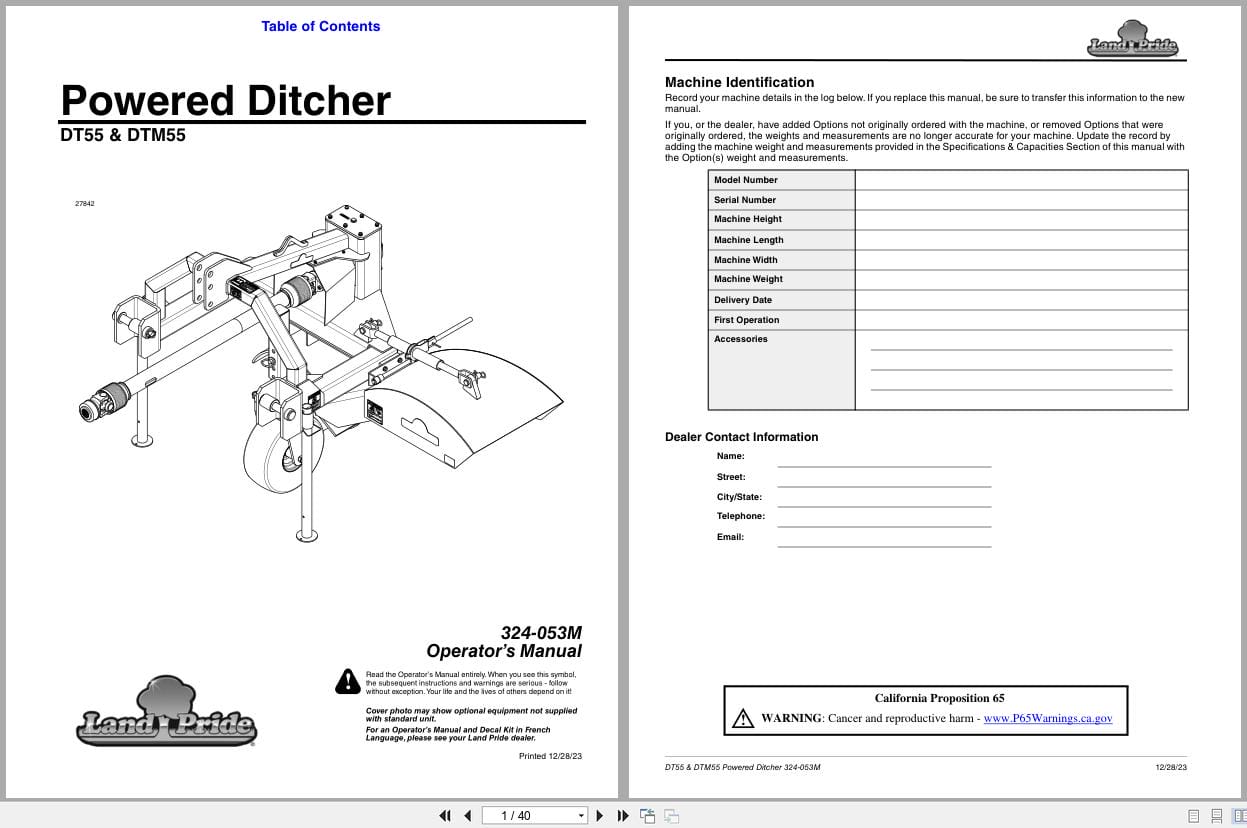 Land Pride Powered Ditcher DT55 DTM55 Operation Manual 324 053M (1)