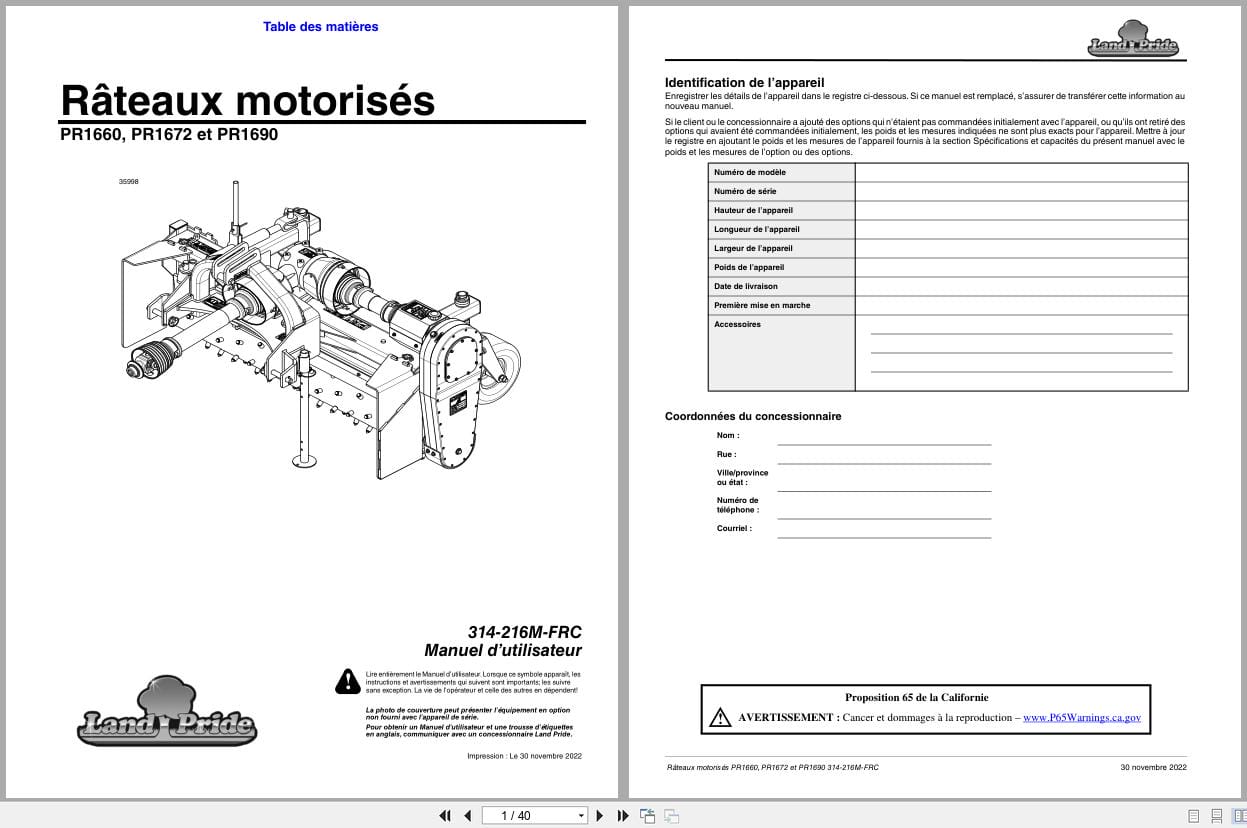Land Pride Powered Rake PR1660 PR1672 PR1690 Operator Manual 314 216M FRC FR (1)