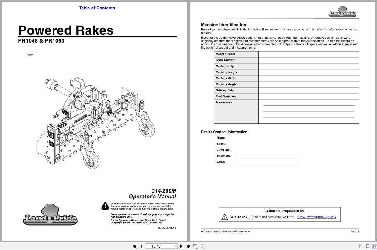 Land Pride Powered Rakes PR1048 PR1060 Operator Manual 314 299M (1)