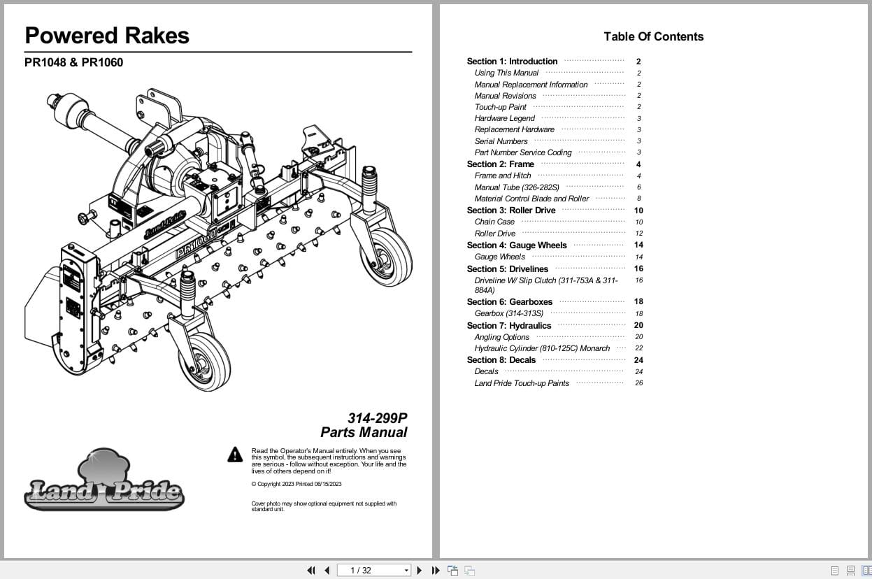 Land Pride Powered Rakes PR1048 PR1060 Parts Manual 314 299P (1)
