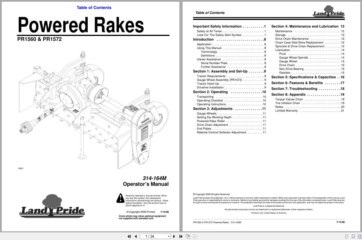 Land Pride Powered Rakes PR1560 PR1572 Operator Manual 314 164M (1)