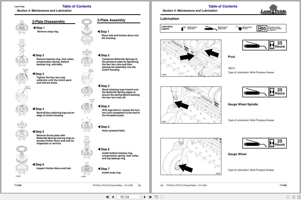 Land Pride Powered Rakes PR1560 PR1572 Operator Manual 314 164M (2)