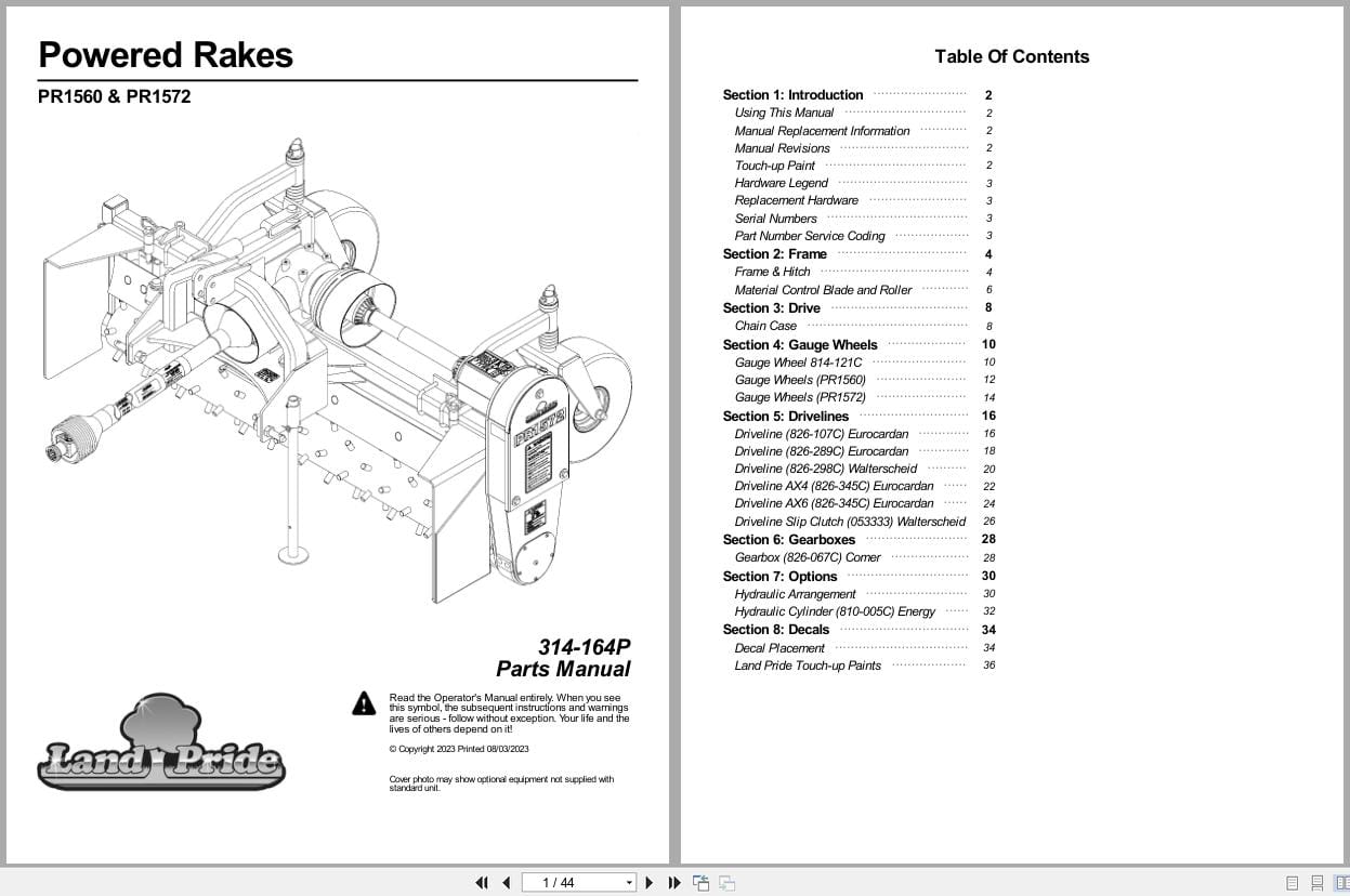 Land Pride Powered Rakes PR1560 PR1572 Parts Manual 314 164P (1)