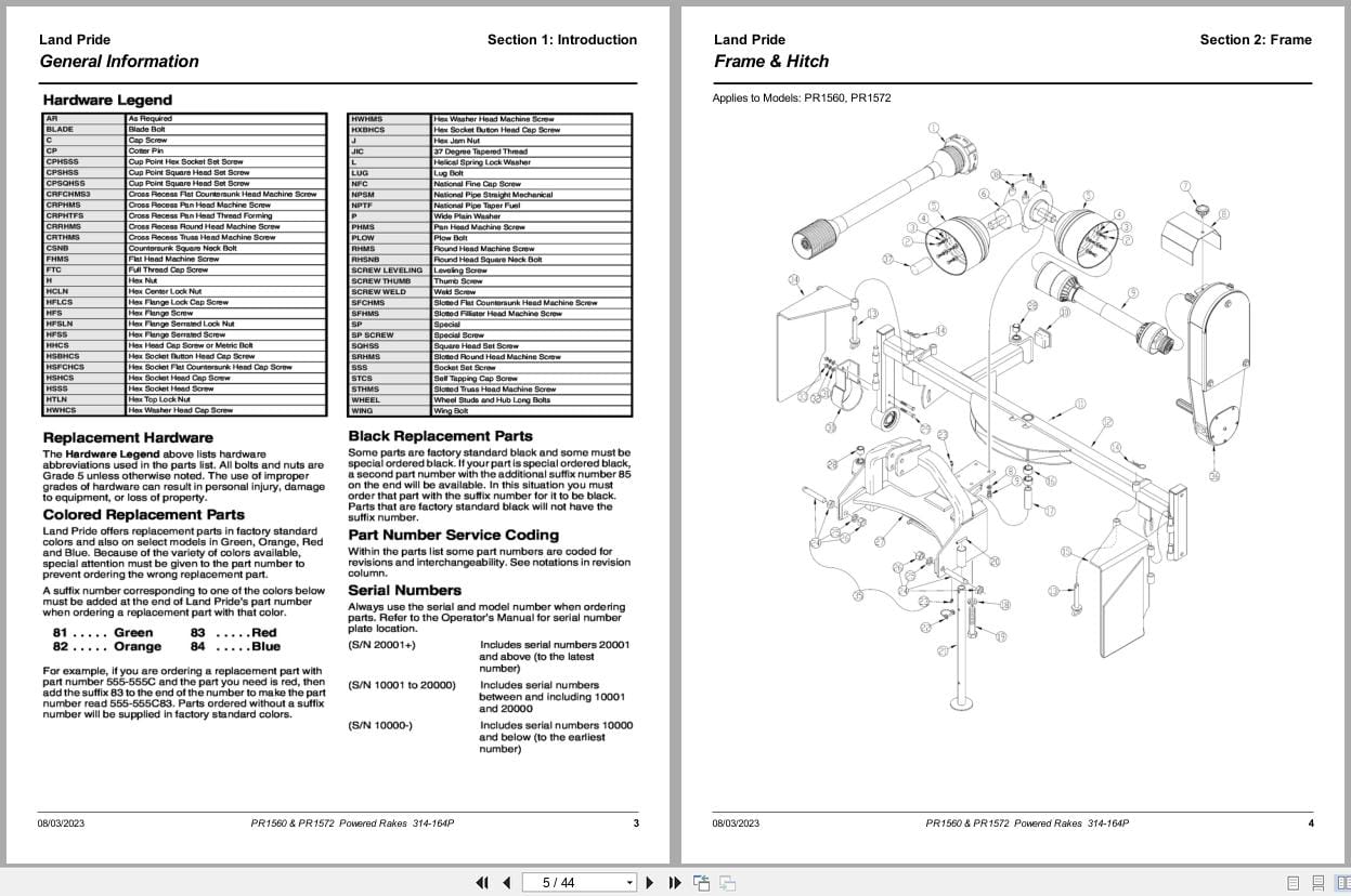 Land Pride Powered Rakes PR1560 PR1572 Parts Manual 314 164P (2)