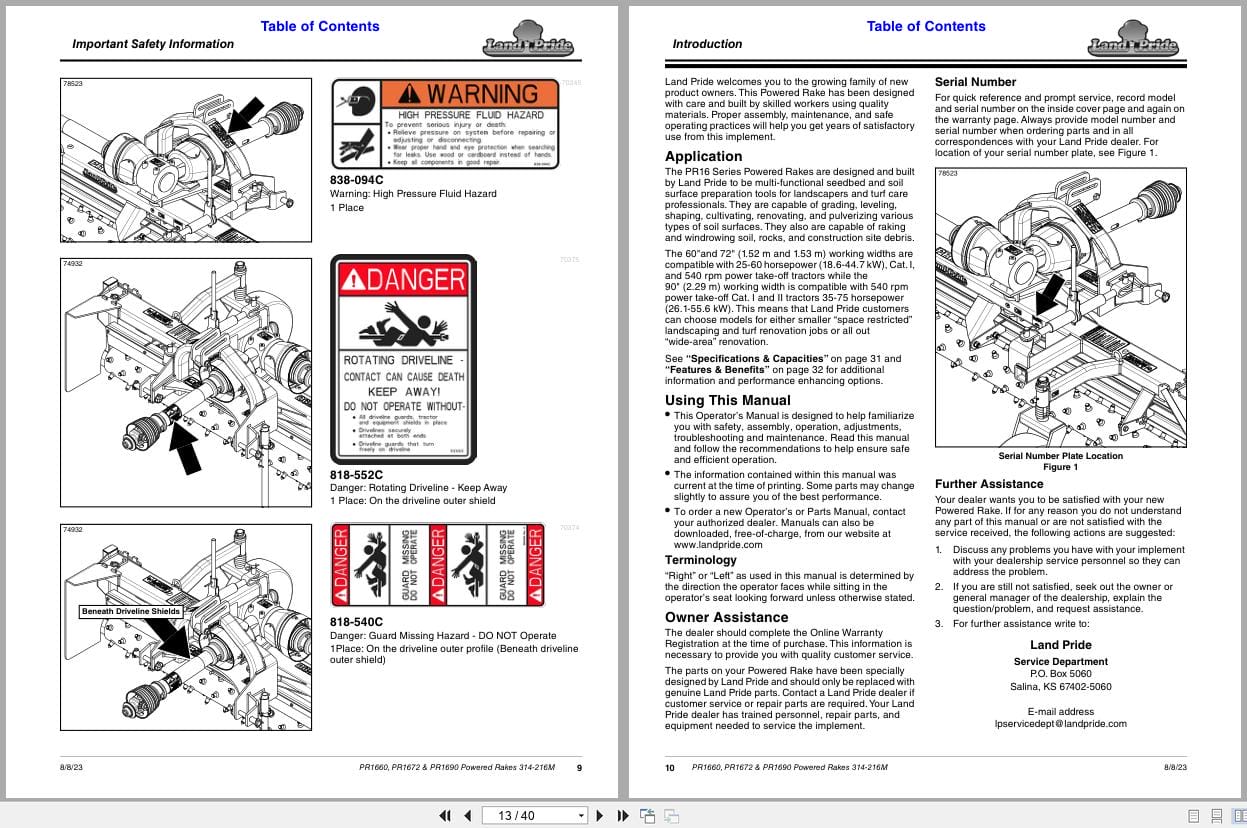 Land Pride Powered Rakes PR1660 PR1672 PR1690 Operator Manual 314 216M (2)