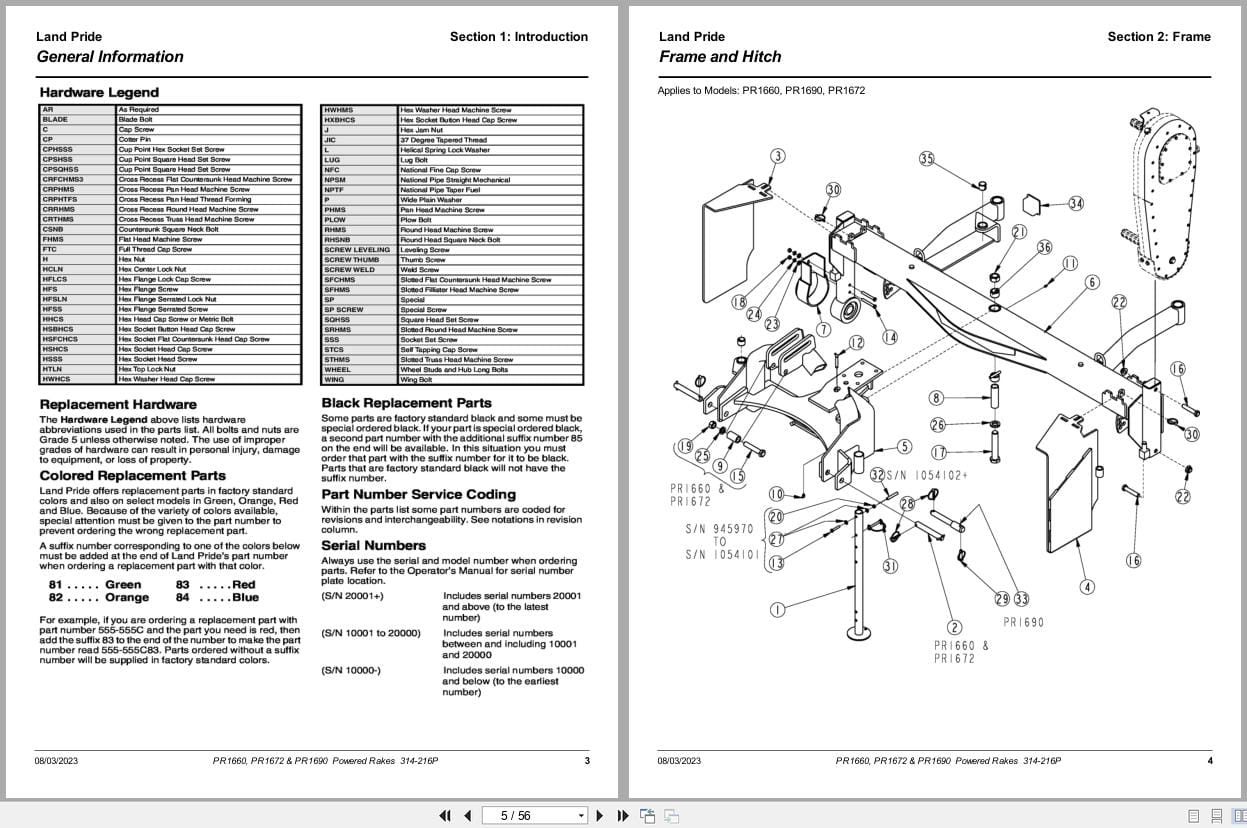 Land Pride Powered Rakes PR1660 PR1672 PR1690 Parts Manual 314 216P (2)
