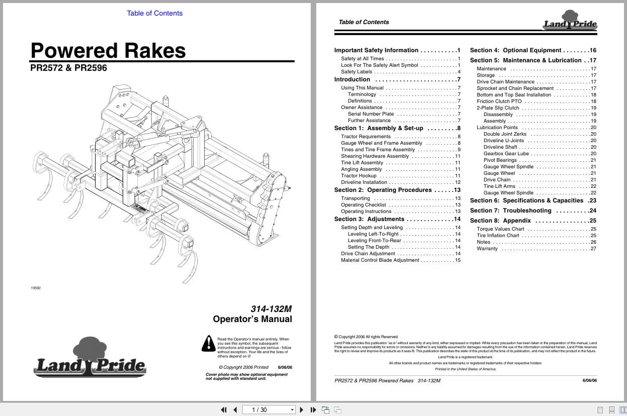 Land Pride Powered Rakes PR2572 PR2596 Operation Manual 314 132M (1)