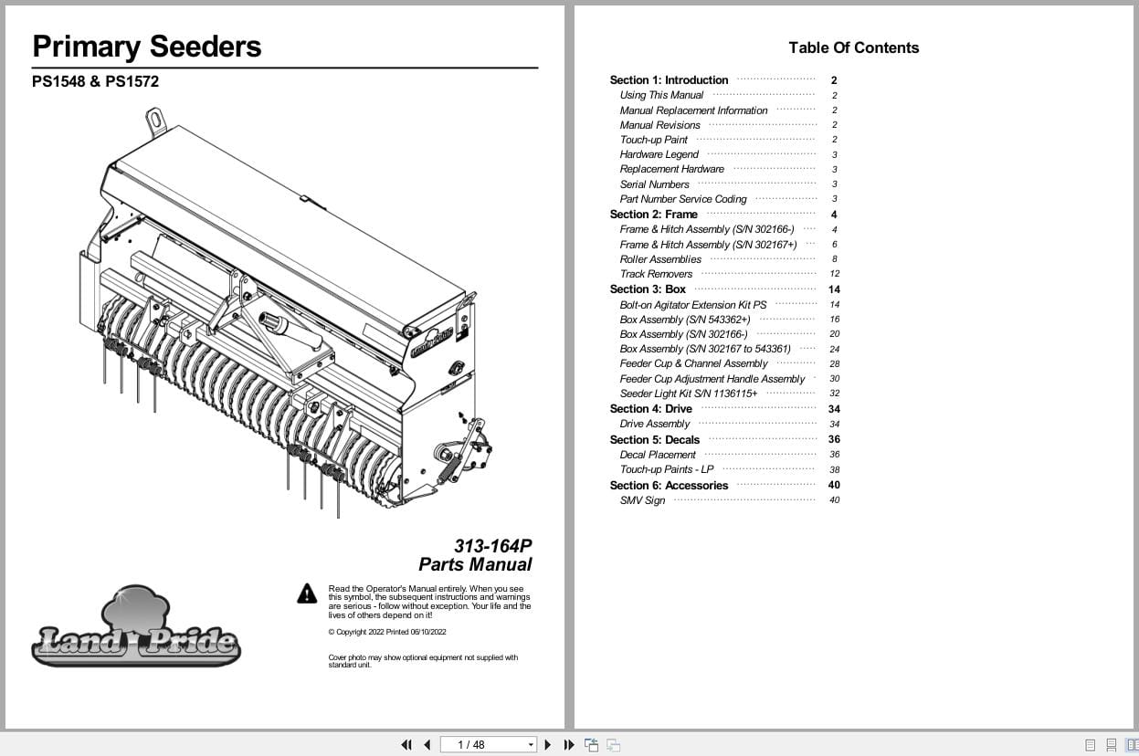 Land Pride Primary Seeder PS1548 PS1572 Parts Manual 313 164P (1)