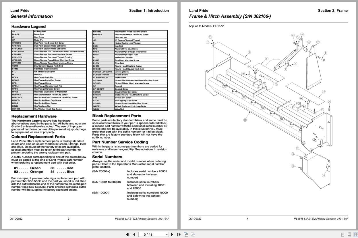 Land Pride Primary Seeder PS1548 PS1572 Parts Manual 313 164P (2)