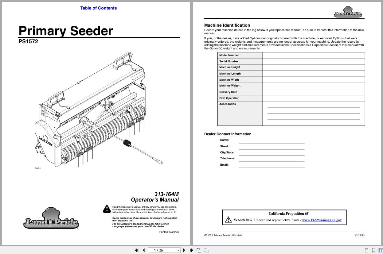 Land Pride Primary Seeder PS1572 Operation Manual 313 164M (1)