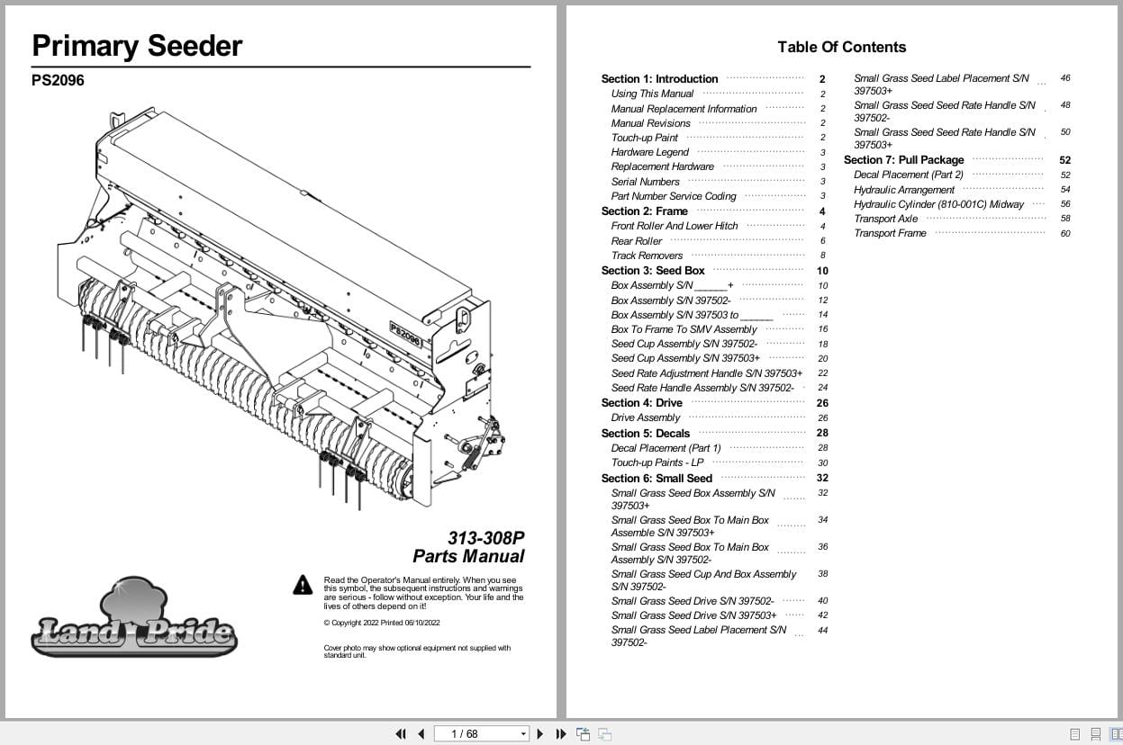 Land Pride Primary Seeder PS2096 Parts Manual 313 308P (1)