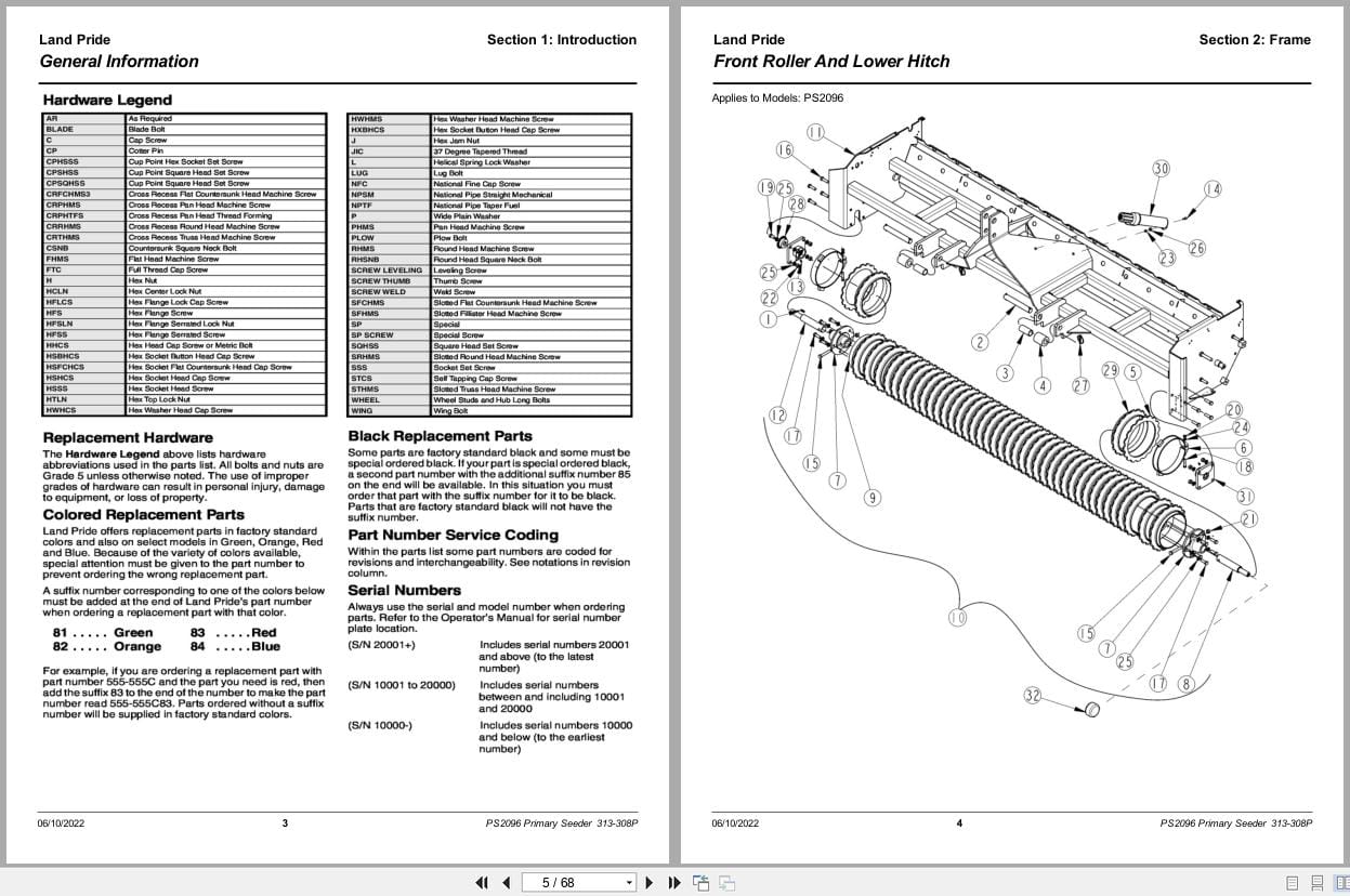 Land Pride Primary Seeder PS2096 Parts Manual 313 308P (2)
