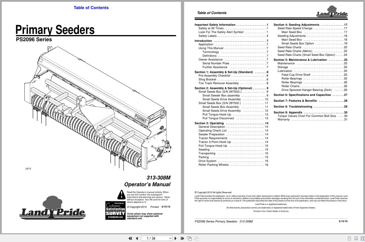 Land Pride Primary Seeder PS2096 Series Operation Manual 313 308M (1)