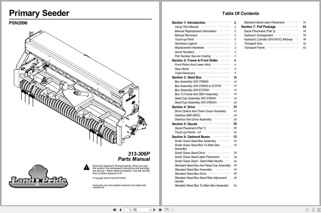 Land Pride Primary Seeder PSN2096 Parts Manual 313 306P (1)