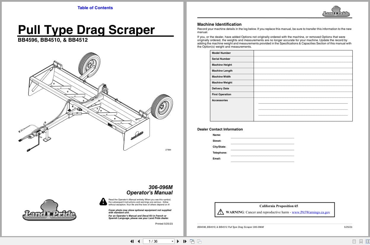 Land Pride Pull Type Drag Scrapers BB4596 BB4510 BB4512 Operation Manual 306 096M (1)