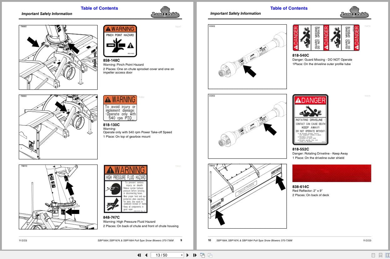 Land Pride Pull Type Snow Blower SBP1664 SBP1674 SBP1684 Operation Manual 370 736M (2)