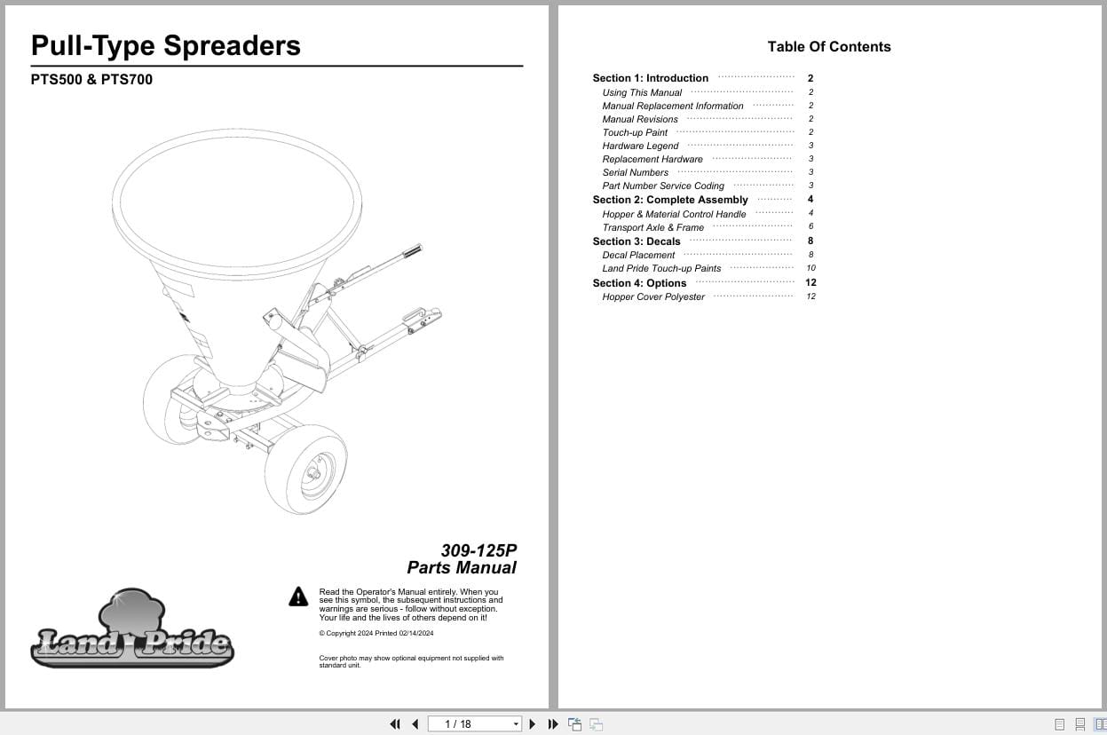 Land Pride Pull Type Spreader PTS500 PTS700 Parts Manual 309 125P (1)