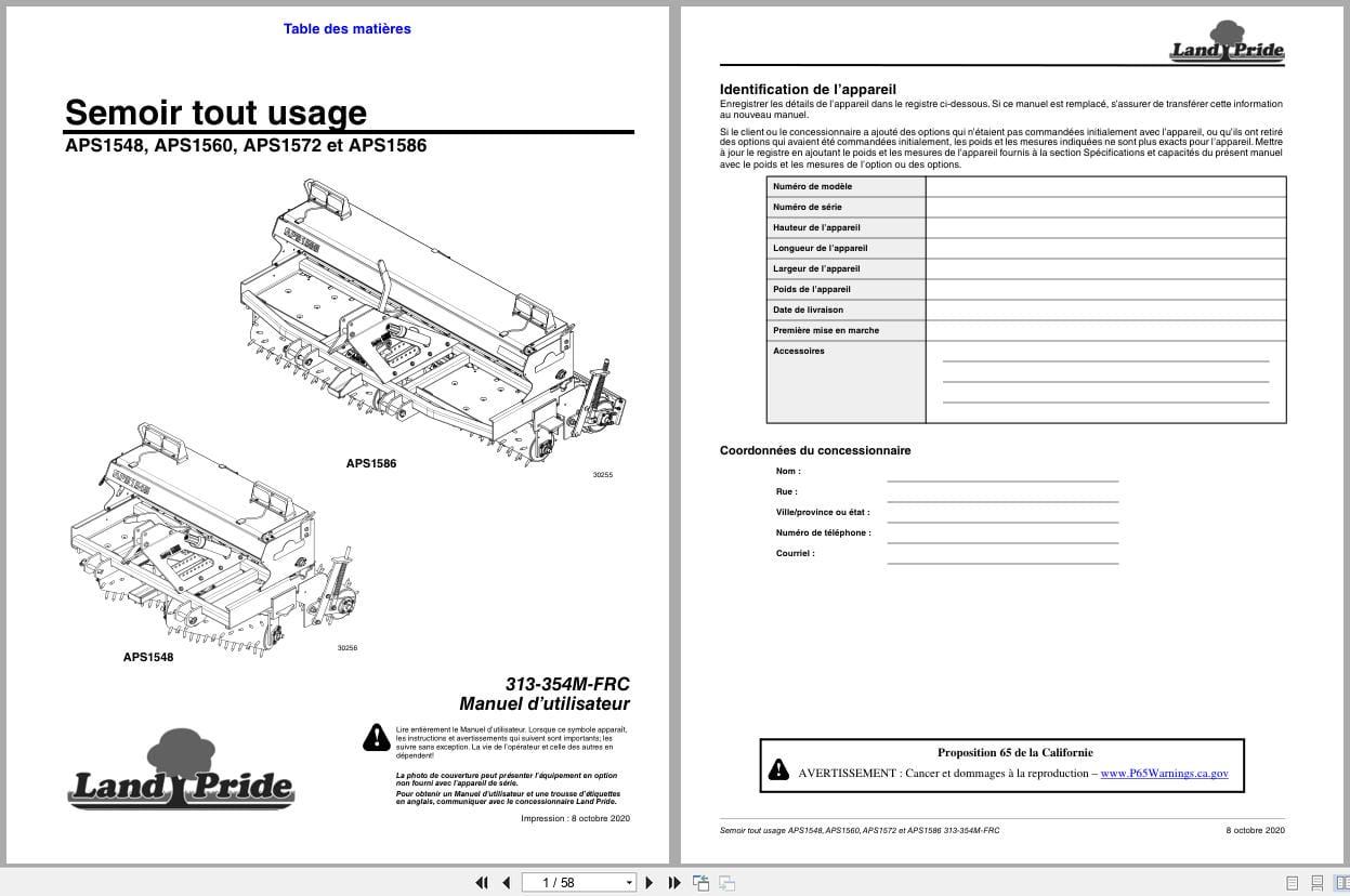 Land Pride Purpose Seeder APS1548 to APS1586 Operator Manual 313 354M FRC FR (1)