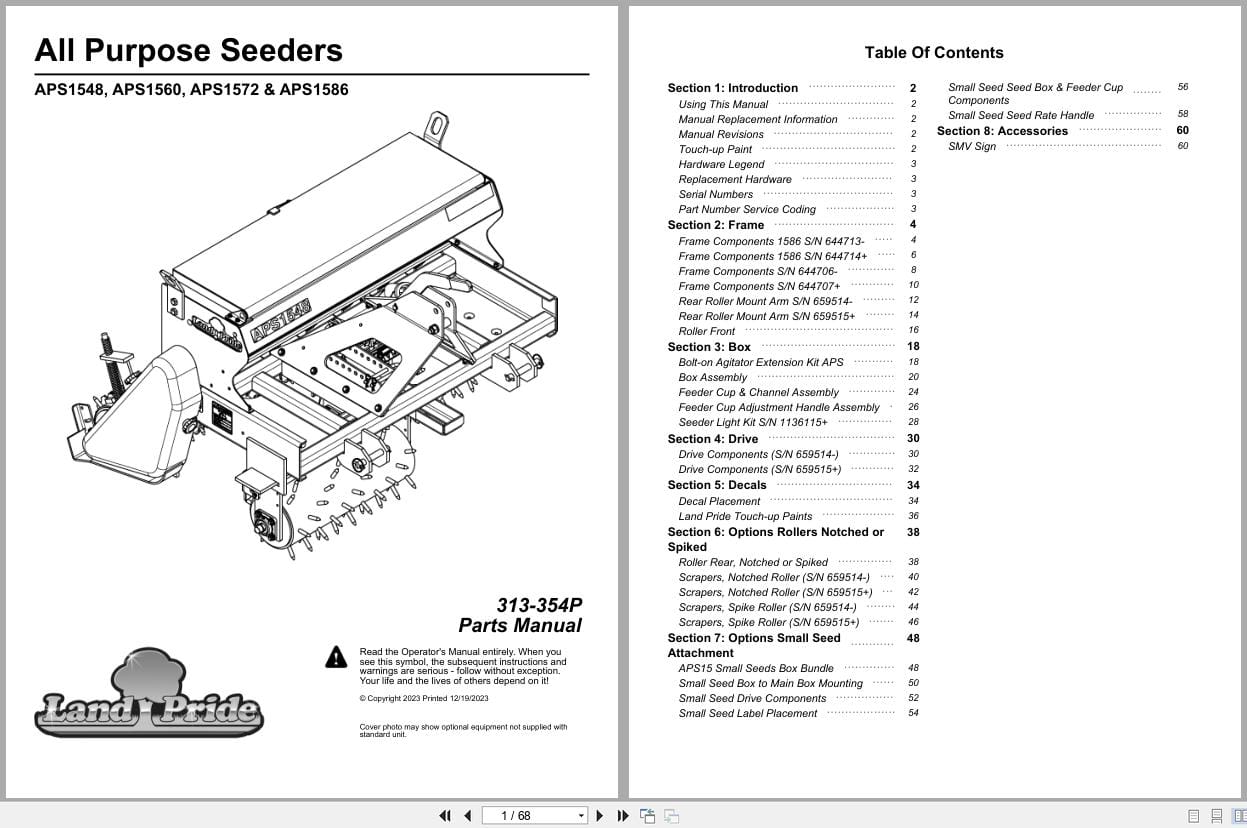 Land Pride Purpose Seeder APS1548 to APS1586 Parts Manual 313 354P (1)