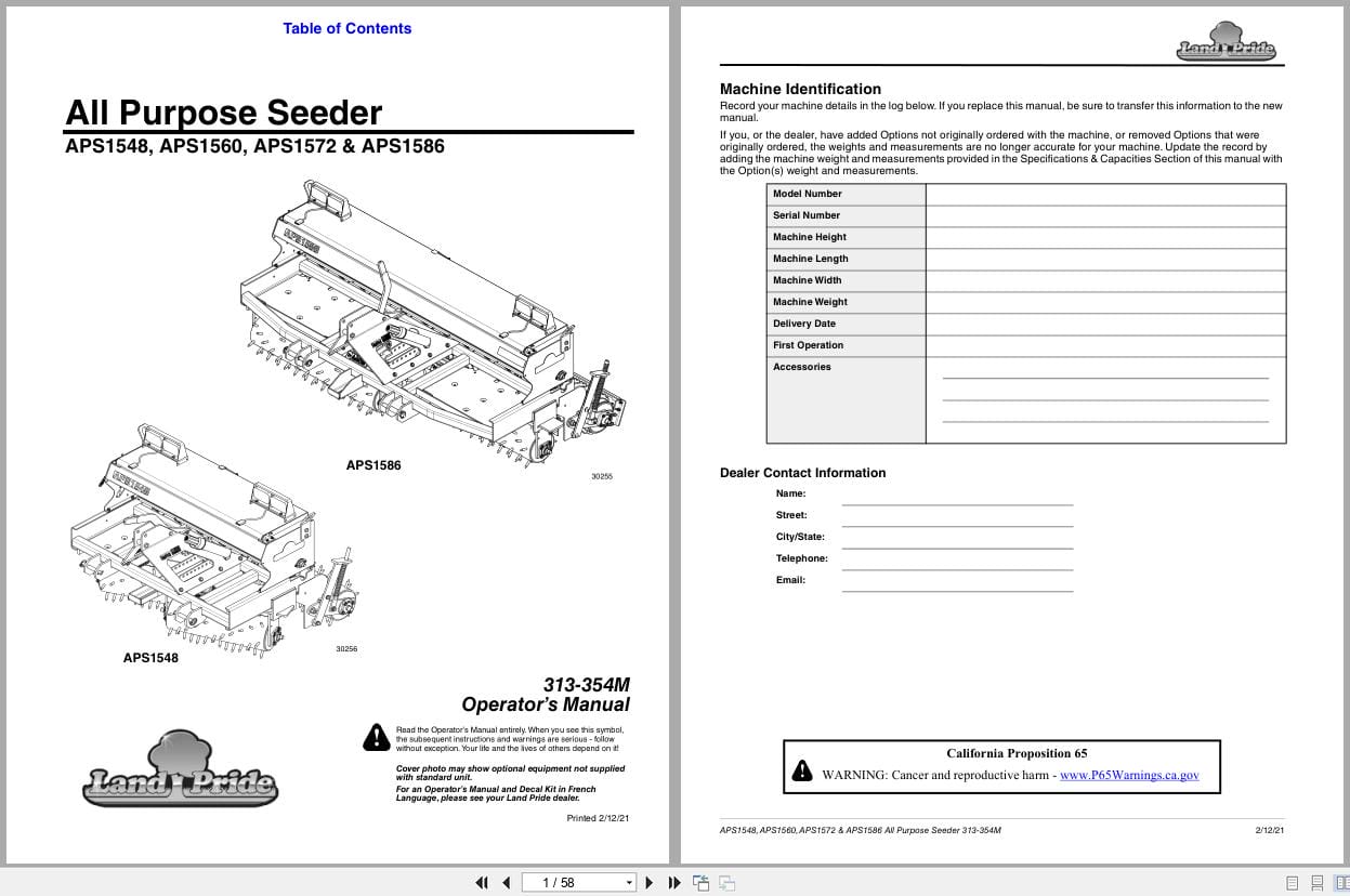 Land Pride Purpose Seeder APS1586 to APS1572 Operation Manual 313 354M (1)
