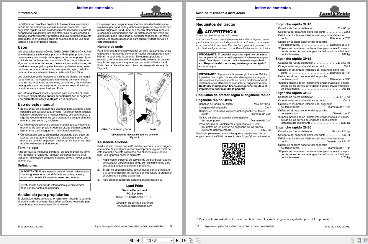 Land Pride Quick Hitch QH05 QH10 QH15 QH20 QH30 Operator Manual 320 003M SPA ES (2)