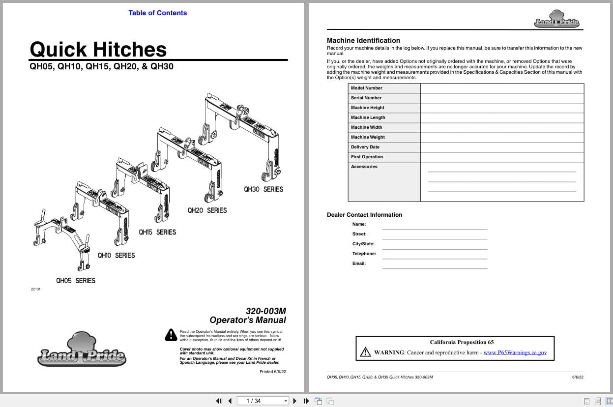 Land Pride Quick Hitches QH05 QH10 QH15 QH20 QH30 Operation Manual 320 003M (1)