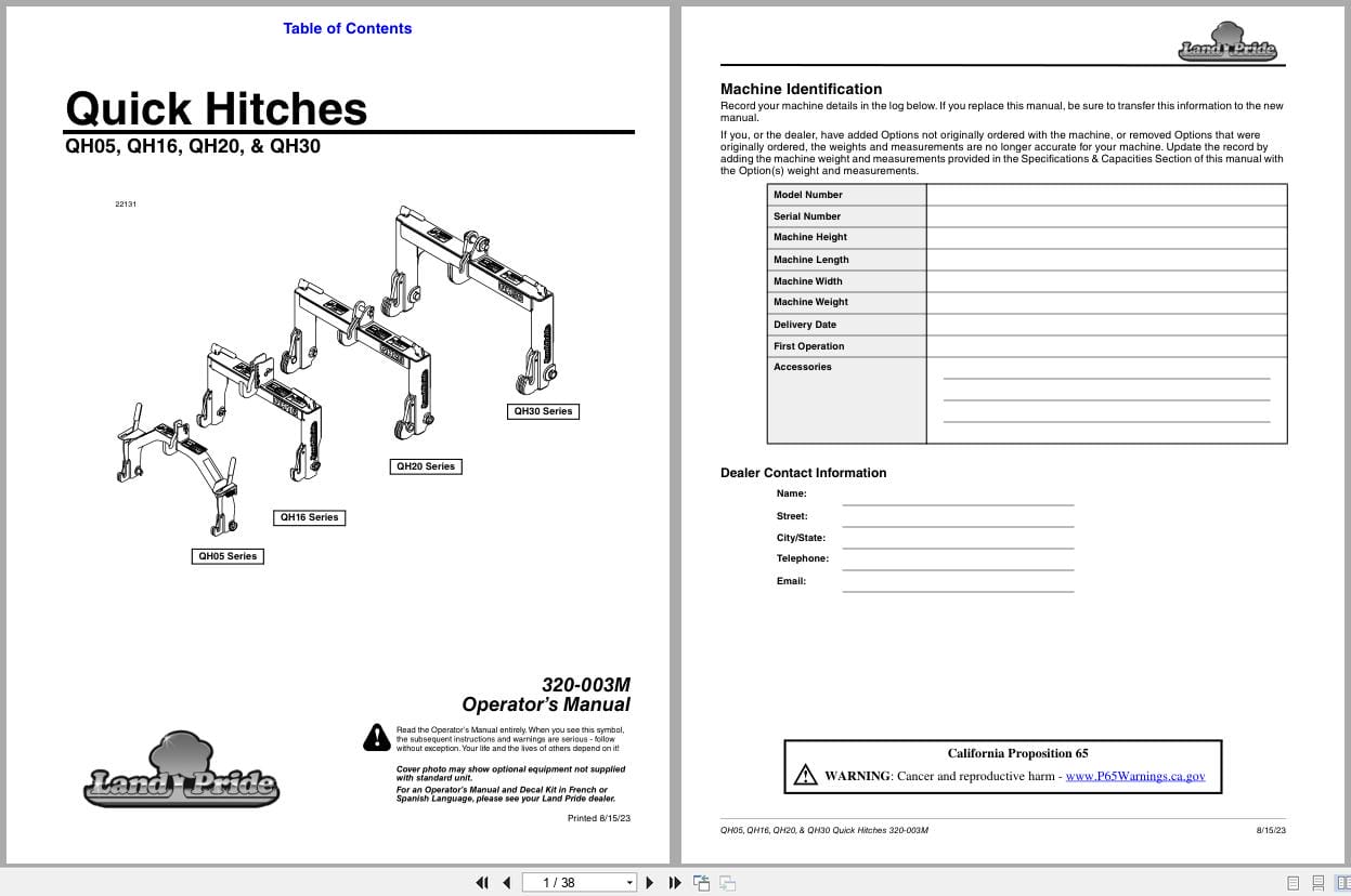 Land Pride Quick Hitches QH05 QH16 QH20 QH30 Operation Manual 320 003M (1)