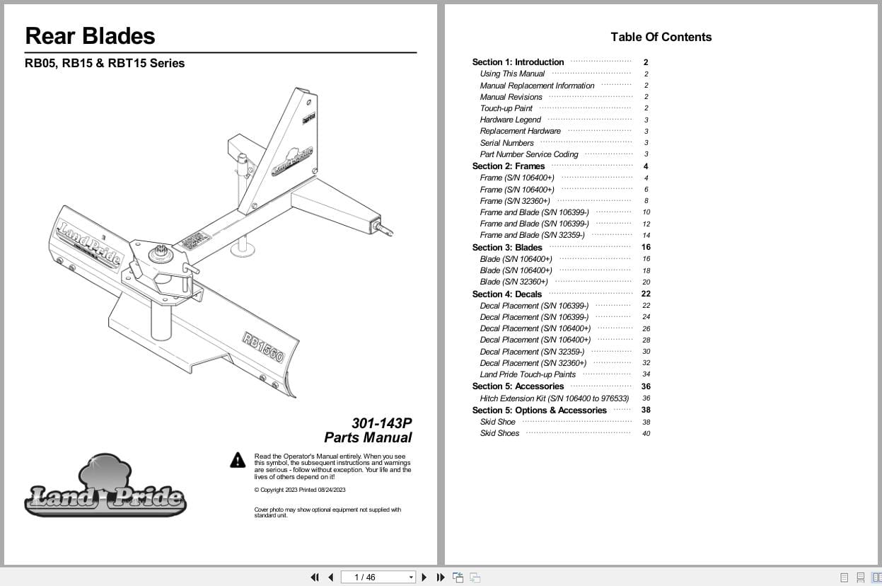 Land Pride Rear Blades RB05 RB15 RBT15 Series Parts Manual 301 143P (1)